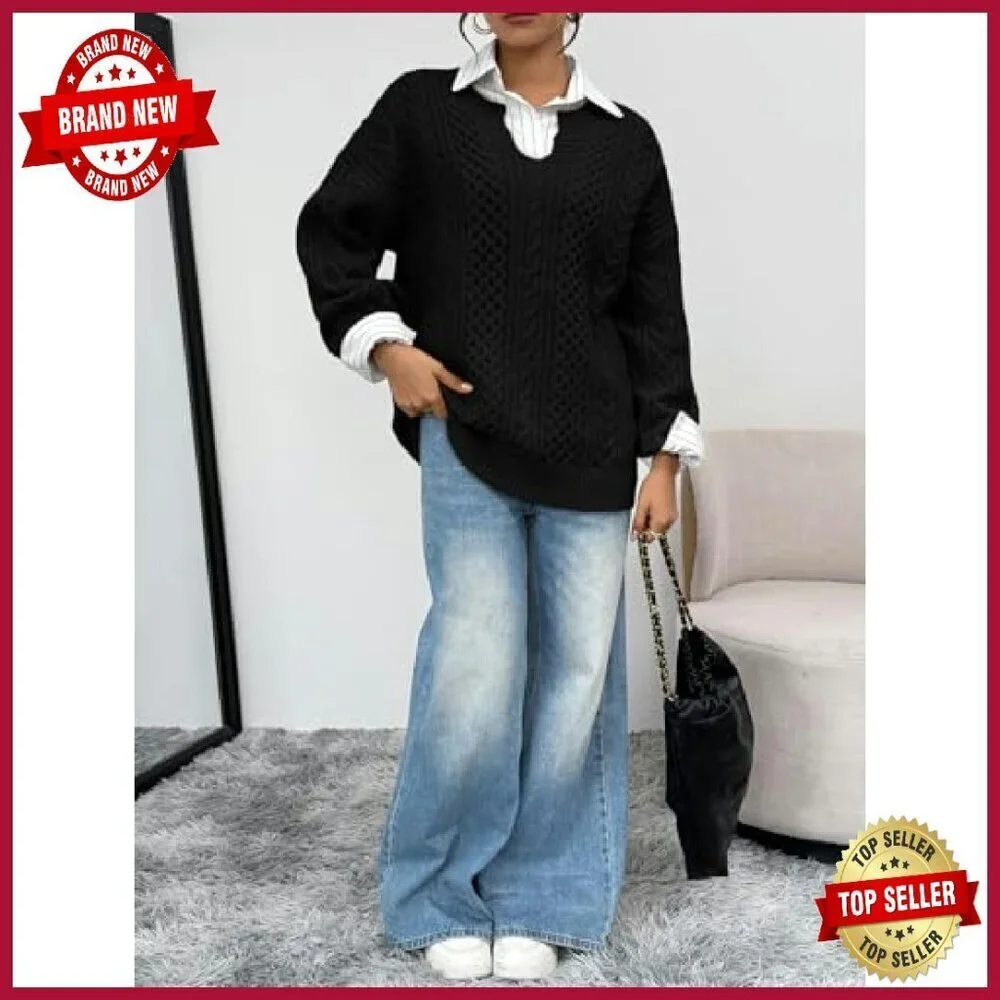 Oversized V-Neck Cable Knit Sweater Women's Cozy Winter Pullover_7